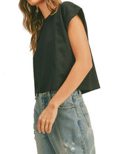 Load image into Gallery viewer, Round Neck Cuffed Sleeve Top: Black