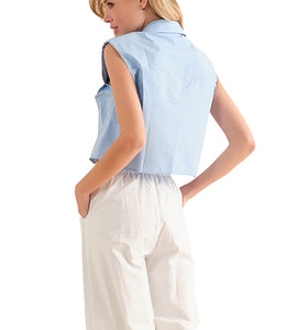 Sleeveless Collared Crop Shirt: Blue