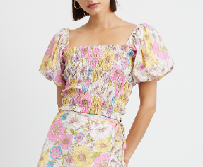 Floral Printed Bubble Sleeve Smocked Top