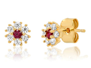 Flower Post Earring w/ Clear CZ and Red Center TE-2561