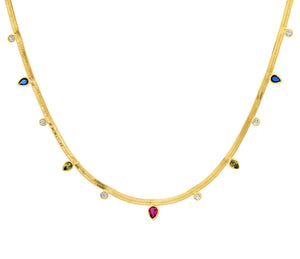 Herringbone Chain Necklace w/ Multiple Glass and CZ TN-3699