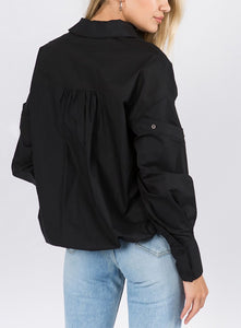 Button Detailed Sleeves Top: Black