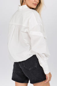 Button Detailed Sleeve Top: White