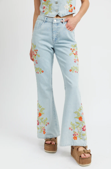 Denim Embroidery Flare Pants