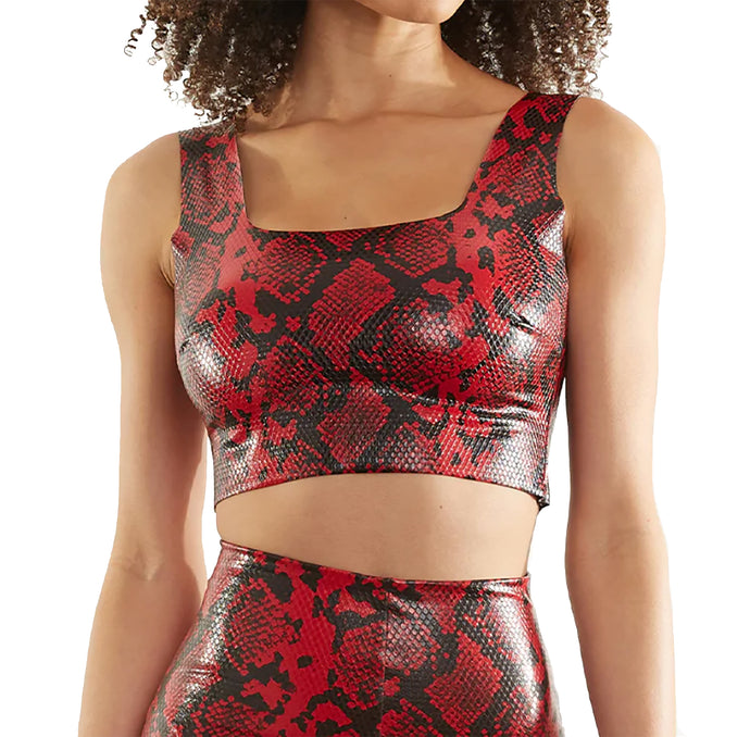 Faux Leather Square Neck Crop Top: Red Snake