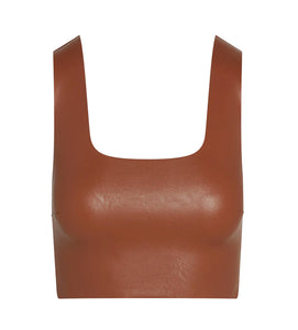 Faux Leather Square Neck Crop Top: Cocoa